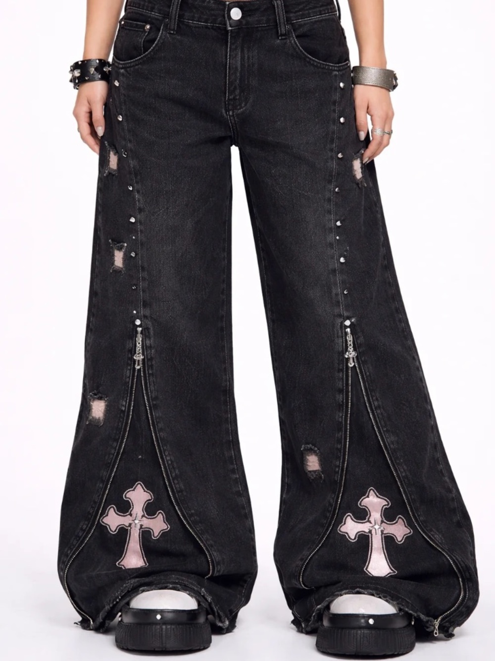 Grave Cross Y2K Black Baggy Wide Leg Jeans Size M